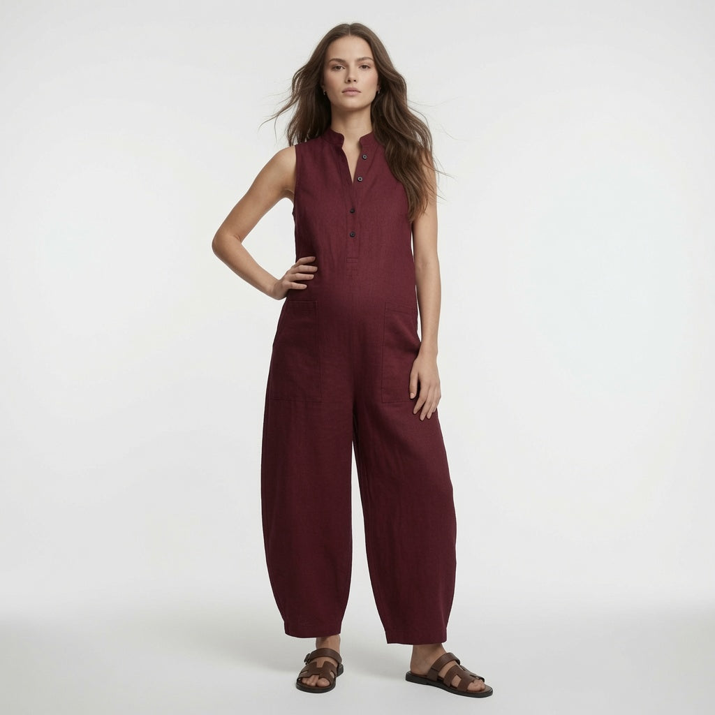 Elegante Mono Casual En Color Liso Holgado Pierna Ancha Sin Mangas Con Botones Fresco Moda Mujer En Tendencia