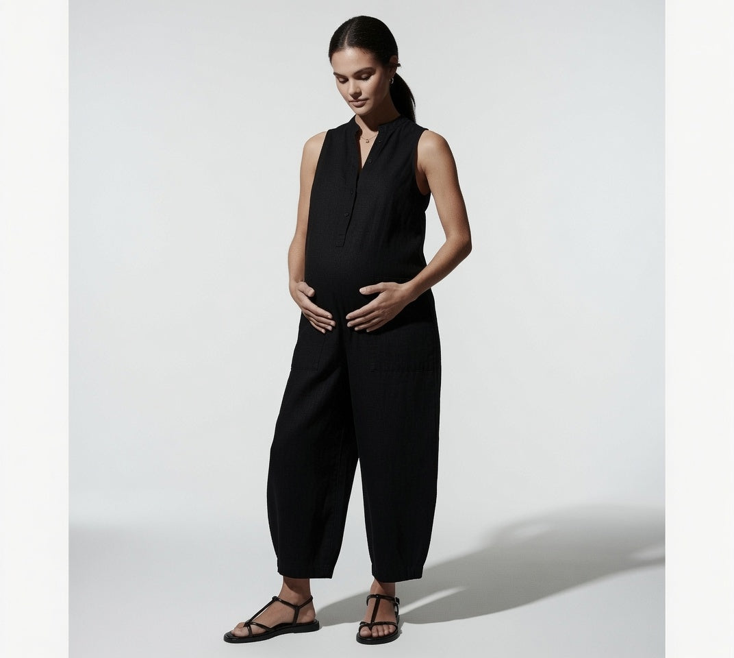 Elegante Mono Casual En Color Liso Holgado Pierna Ancha Sin Mangas Con Botones Fresco Moda Mujer En Tendencia