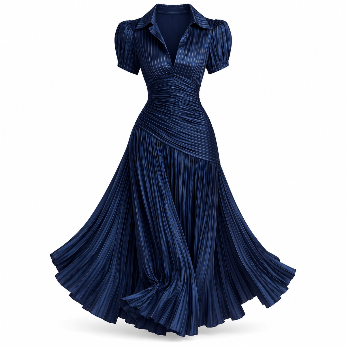 Elegante Vestido Largo Plisado Cintura Alta Con Solapa Manga Casual Formal
