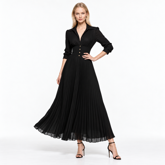 Vestido Largo MAXI Con Manga Larga Cuello Romplado Casual Formal En Tendencia Moda Mujer