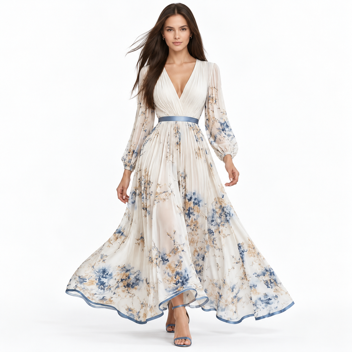 Vestido Elegante Largo Casual Formal Manga Larga Estampado Floral Cuello V Cintura Alta Moda Mujer En Tendencia