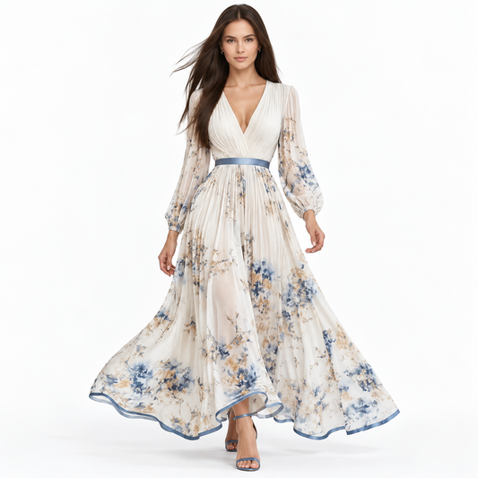 Vestido Elegante Largo Casual Formal Manga Larga Estampado Floral Cuello V Cintura Alta Moda Mujer En Tendencia