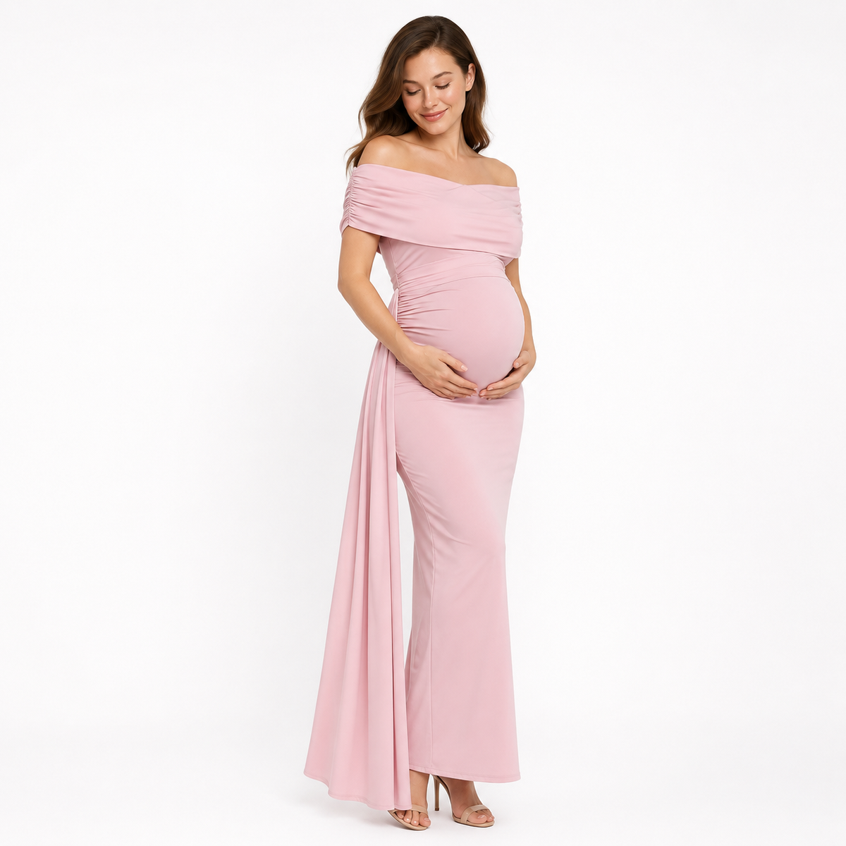 Vestido Elegante Rosa de un Hombro de Maternidad