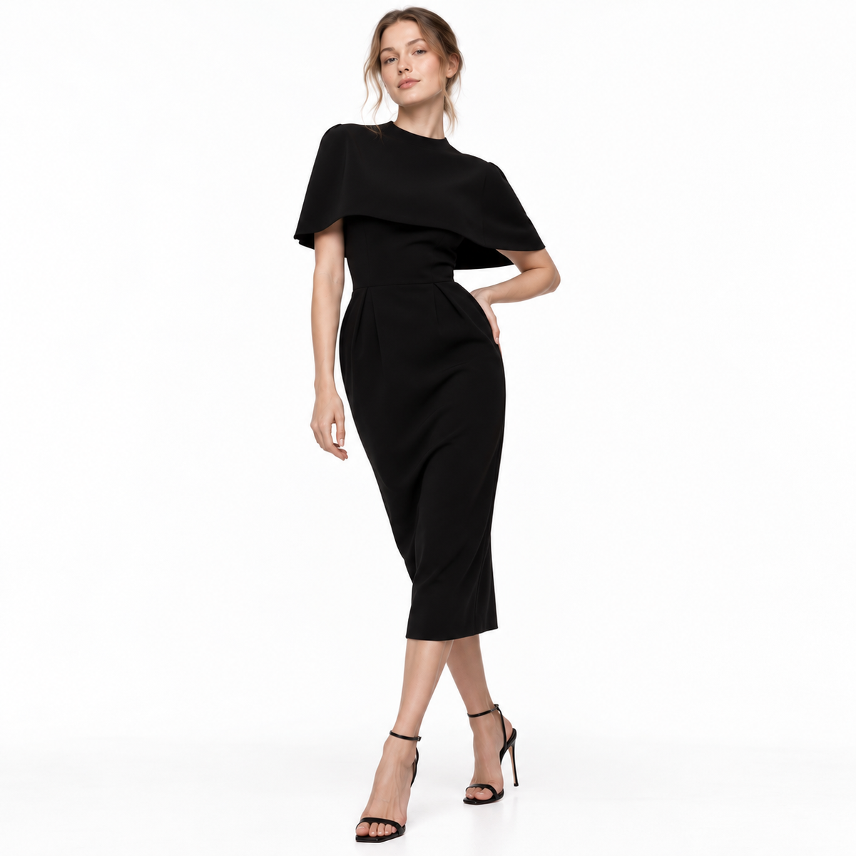 Vestido Midi Negro con Capa y Cintura Definida