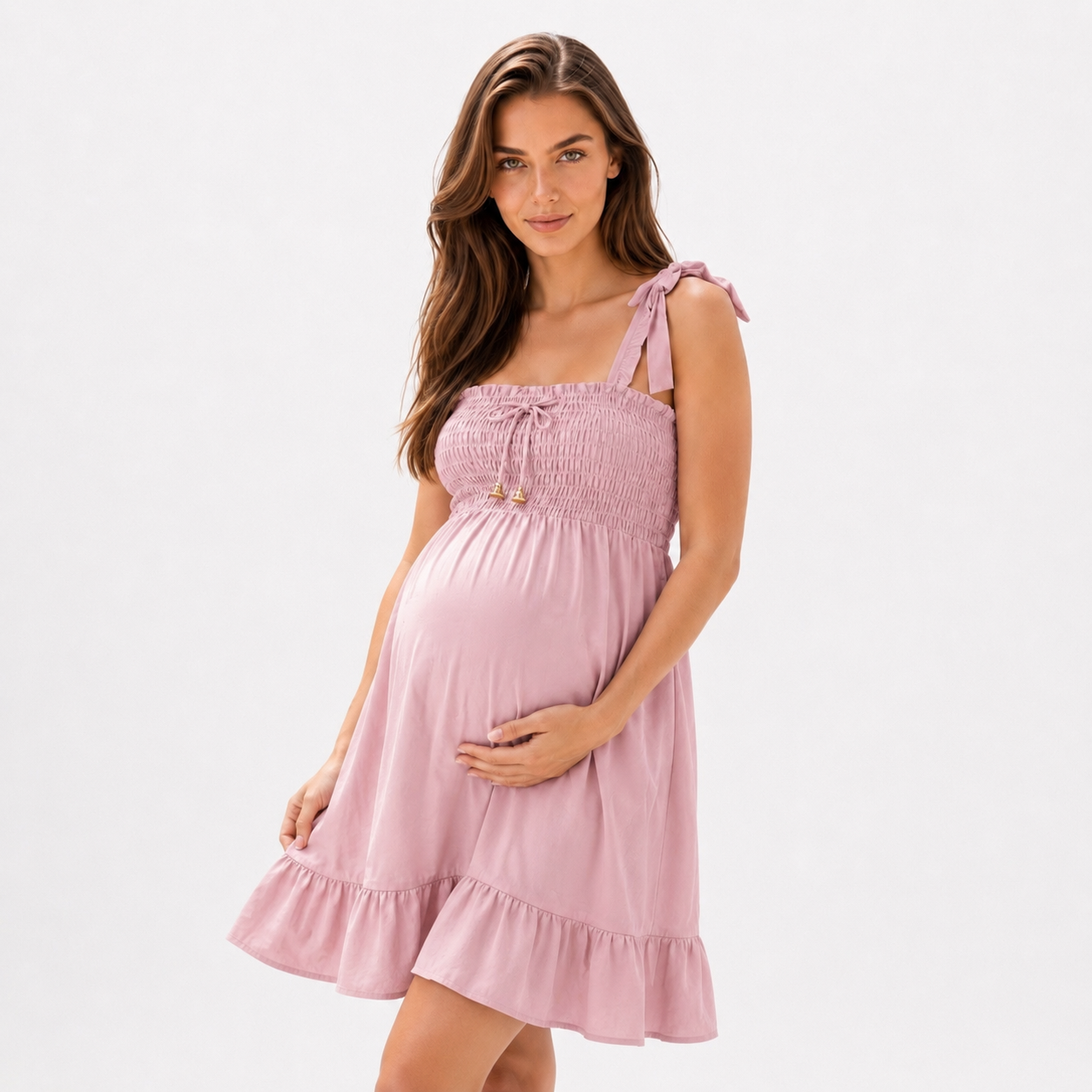 Vestido Corto de Maternidad con Busto Fruncido para Embarazada Rosa