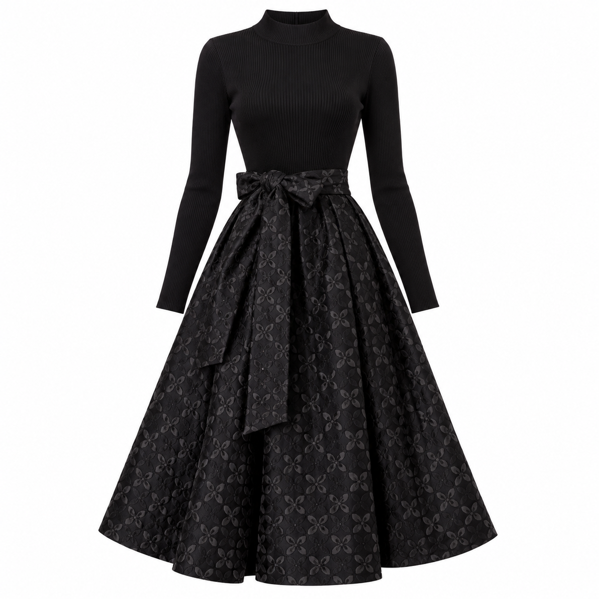 Vestido Elegante Negro con Falda Amplia y Lazo