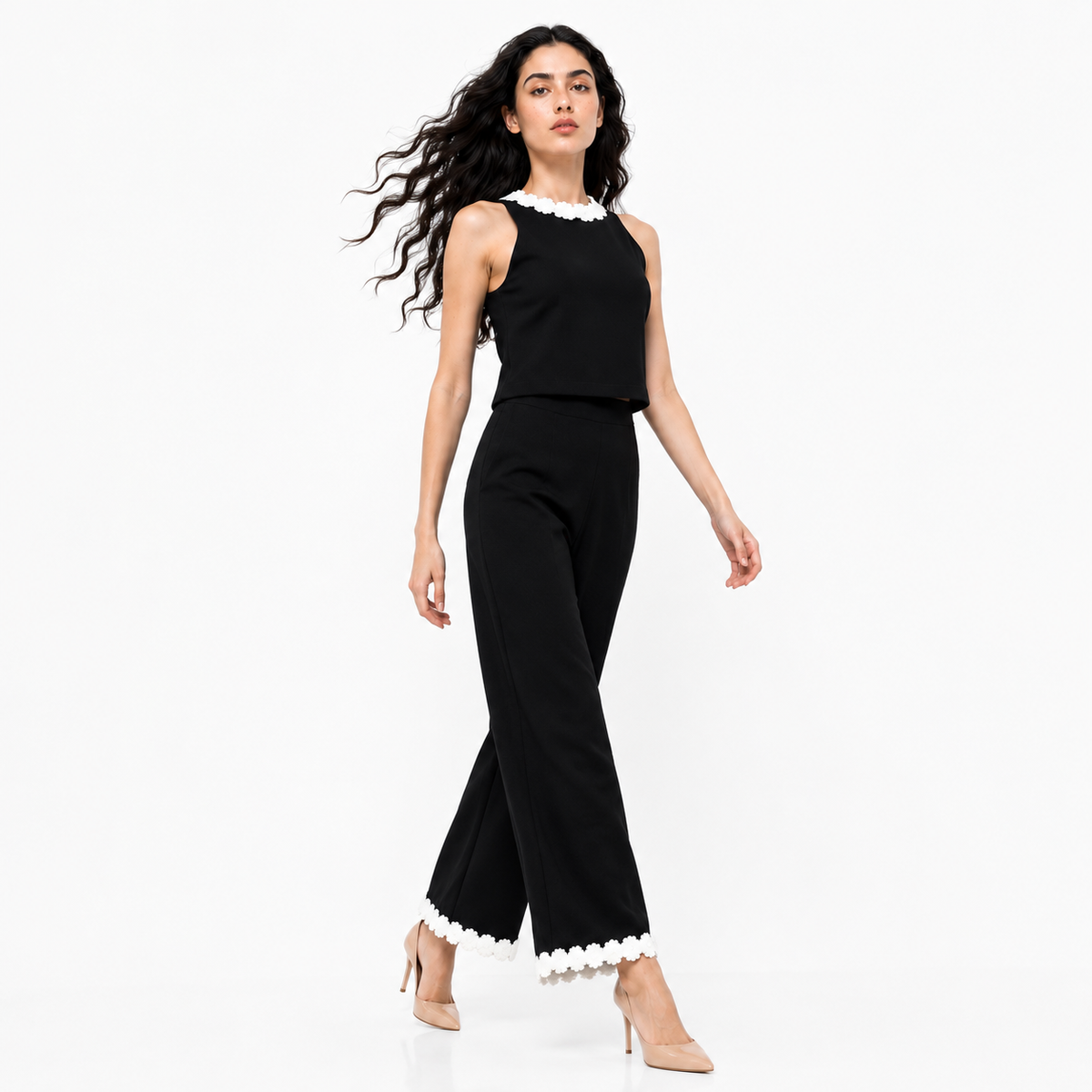 Conjunto de Pantalones con Estampado Floral Negro Moda Femenina