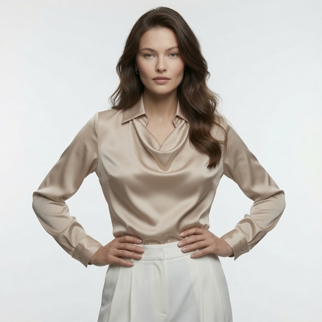 Blusa Elegante De Satén Con Cuello V Manga Larga Moda Mujer En Tendencia 2 Tonos Mas