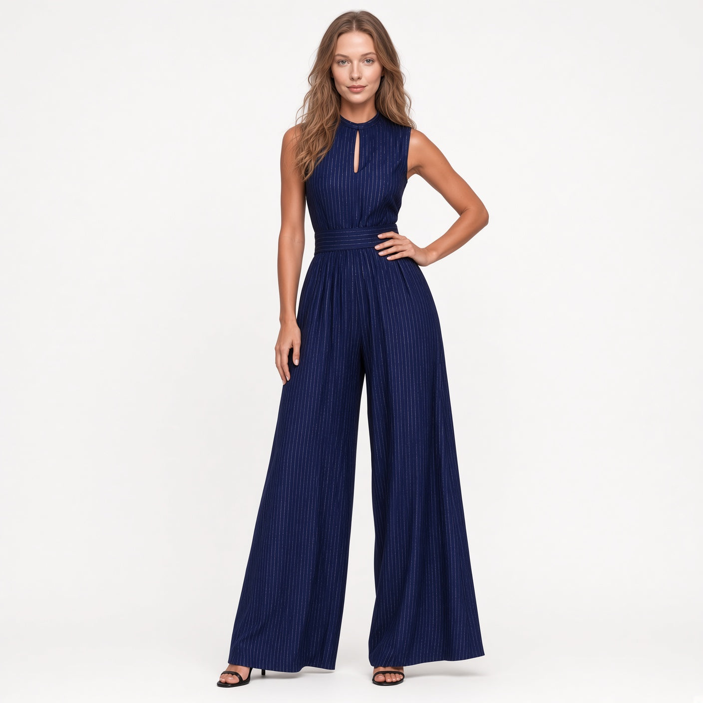 Mono Elegante Casual Holgado Pierna Ancha Estampado Rayas Cuello Redondo Hombros Descubiertos Moda Mujer En Tendencia