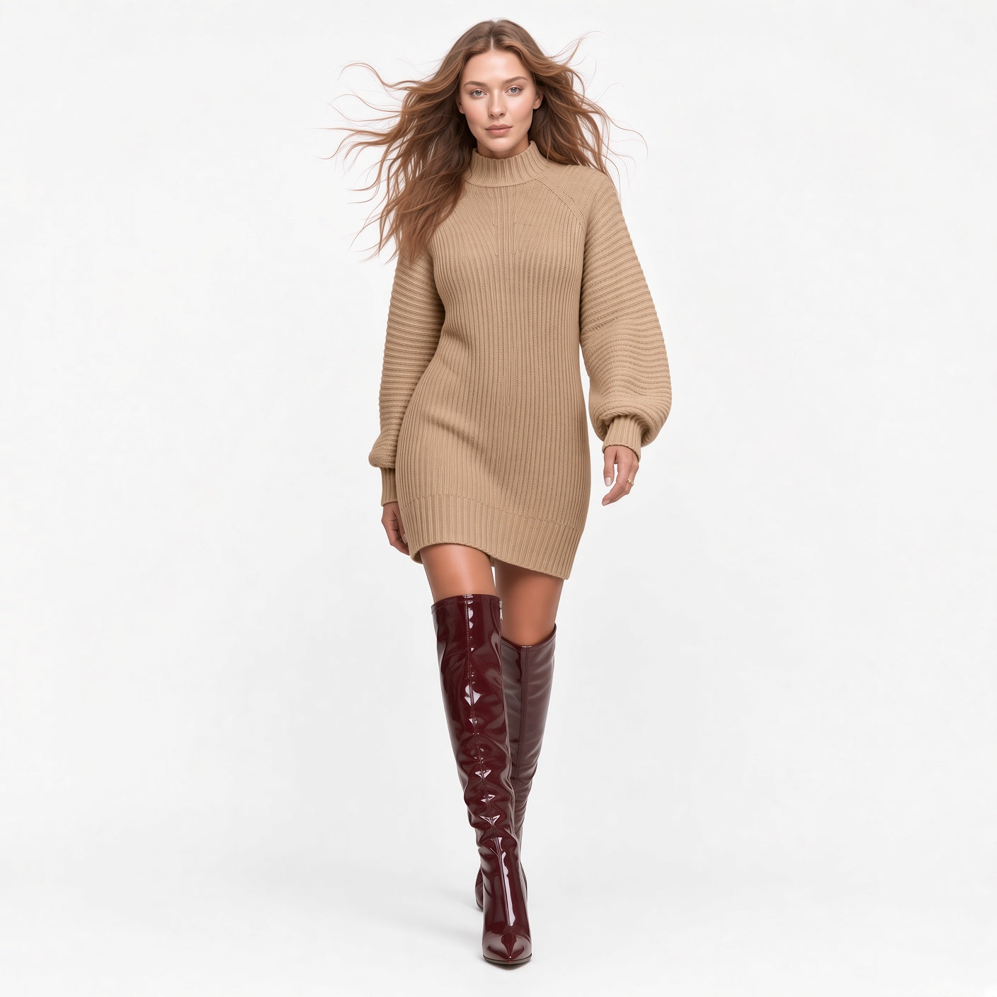 Vestido Suéter Elegante Casual De Punto Manga Larga Cuello Alto Moda Mujer En Tendencia