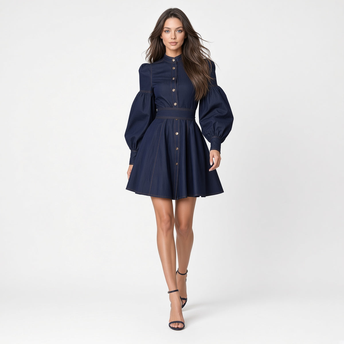 Elegante Vestido Corto Cuello Redondo Manga Larga Cintura Alta Casual Moda Mujer En Tendencia