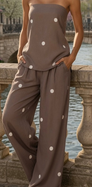 Conjunto Elegante Top Con Tirantes y Pantalón De Pierna Ancho Tipo Mediterráneo Moda Mujer En Tendencia