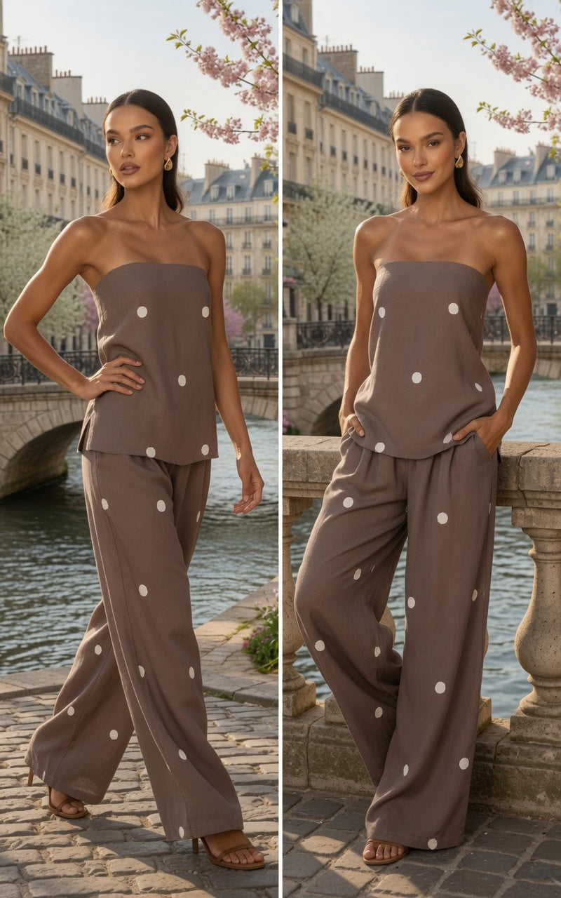 Conjunto Elegante Top Con Tirantes y Pantalón De Pierna Ancho Tipo Mediterráneo Moda Mujer En Tendencia