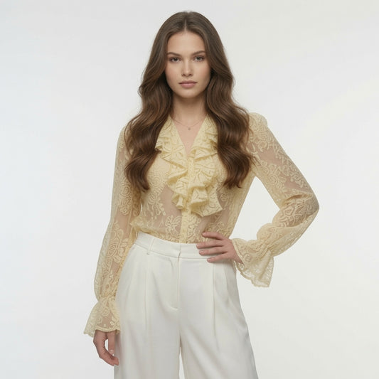 Blusa Elegante Casual Formal Manga Larga Con Bordado y Volantes Moda Mujer En Tendencia Un Tono Mas.