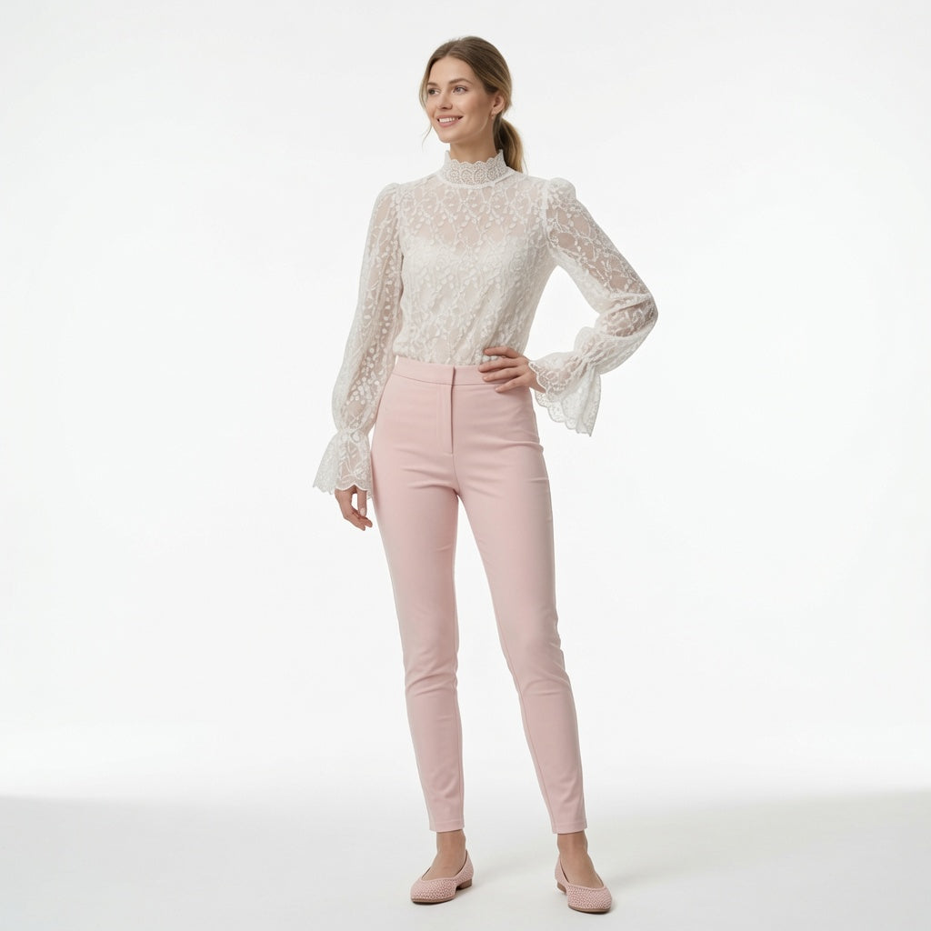 Blusa Elegante De Encaje De Malla Con Mangas Cuello Medio Moda Mujer En Tendencia.