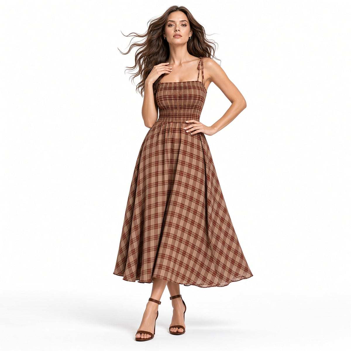 Elegante Vestido Largo Sin Mangas De Tirantes A Cuadros Casual Moda Mujer En Tendencia