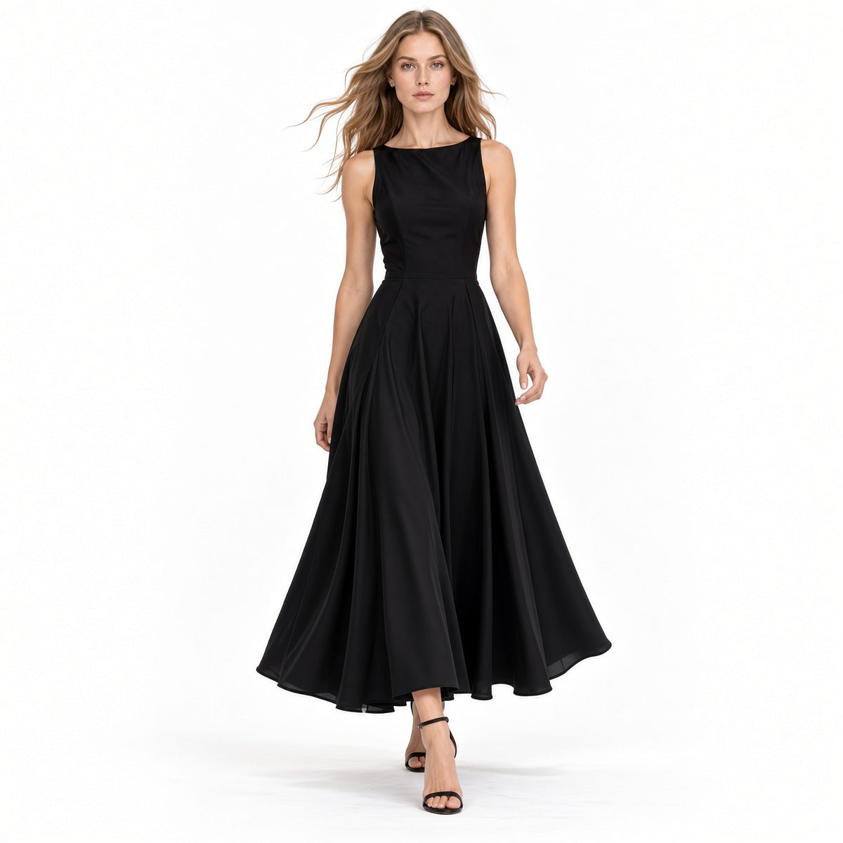 Elegante Vestido Largo Casual Formal Sin Mangas Cintura Alta Cuello Redondo Moda Mujer En Tendencia