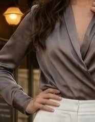 Top Elegante De Satén Con Cuello V En Manga Larga Casual Formal Moda Mujer En Tendencia 2 Tonos Mas 2 Tonos Mas