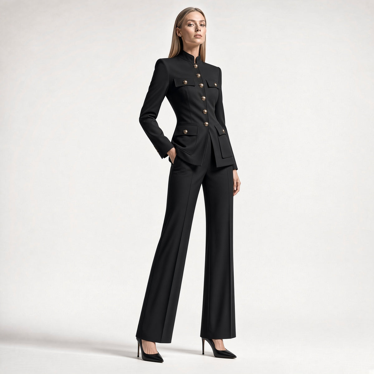 Elegante Tipo Traje Conjunto 2 Piezas Chaqueta De Manga Larga Cuello Alto Pantalón Recto Casual Moda Mujer En Tendencia