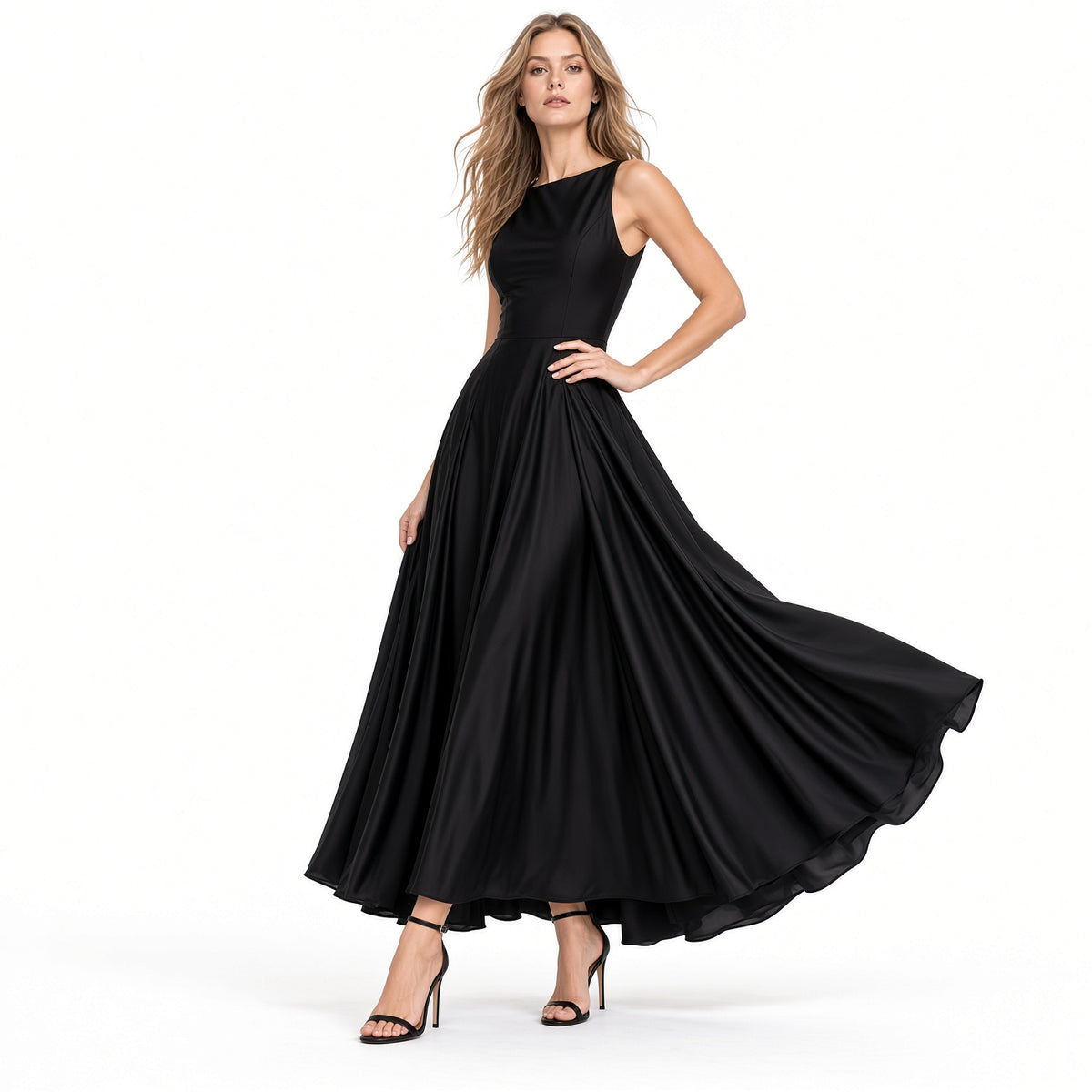 Elegante Vestido Largo Casual Formal Sin Mangas Cintura Alta Cuello Redondo Moda Mujer En Tendencia