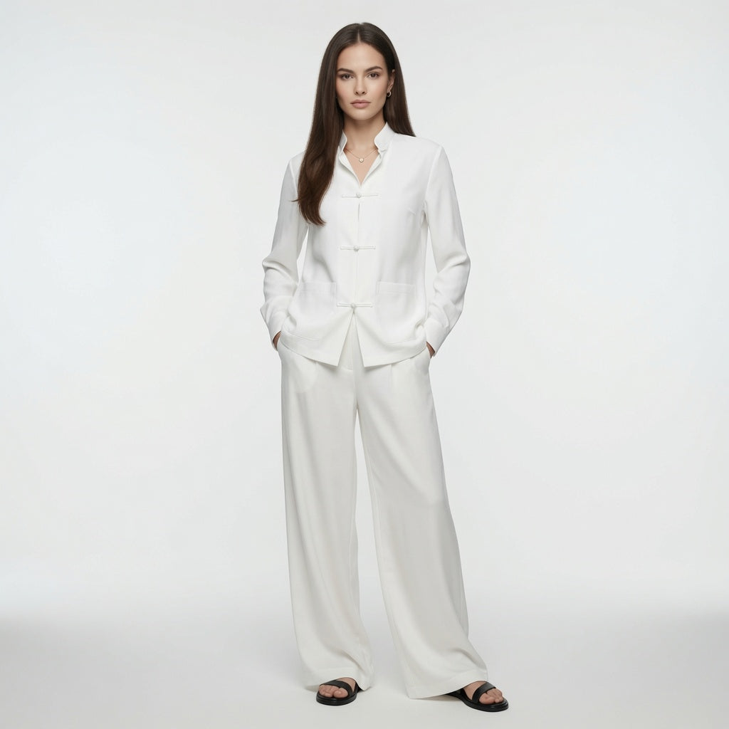 Blusa De Mujer Estilo Chino Cuello Redondo Con Botones Con Nudo De Cuerda Moda Mujer En Tendencia 2 Tonos Mas