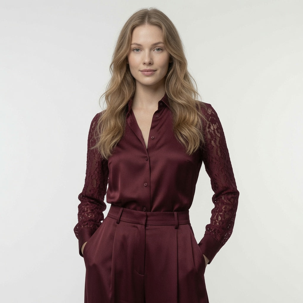 Blusa Elegante De Satén Con Encaje De Manga Larga Casual Formal Moda Mujer En Tendencia