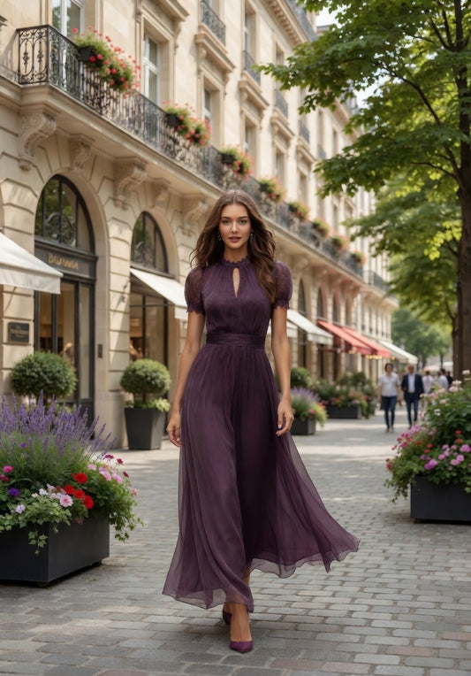 Vestido Largo Casual Formal Color Morado De Gasa Con Encaje En Tendencia