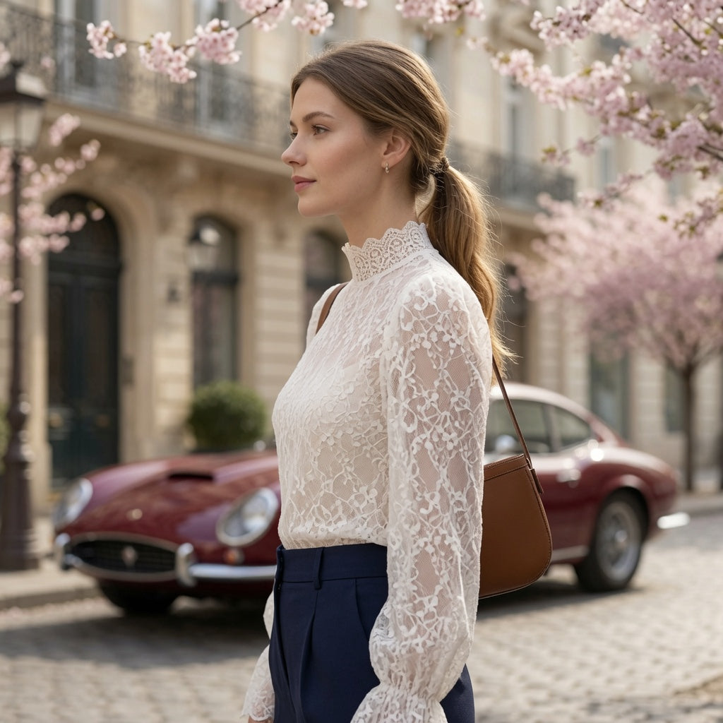 Blusa Elegante De Encaje De Malla Con Mangas Cuello Medio Moda Mujer En Tendencia.
