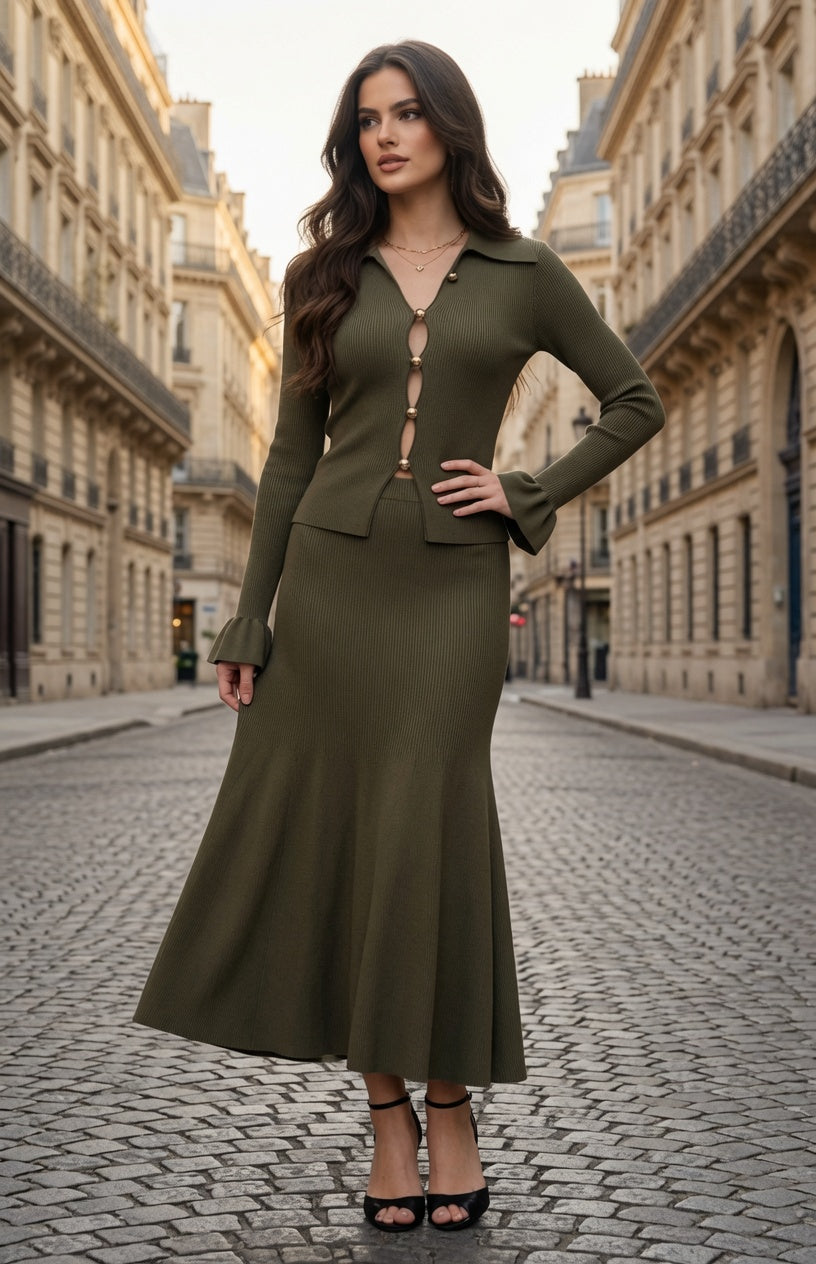 Conjunto Elegante De Blusa Manga Larga Y Falda Larga Estilo  Europeo De Punto Calado, Moda Mujer En Tendencia.