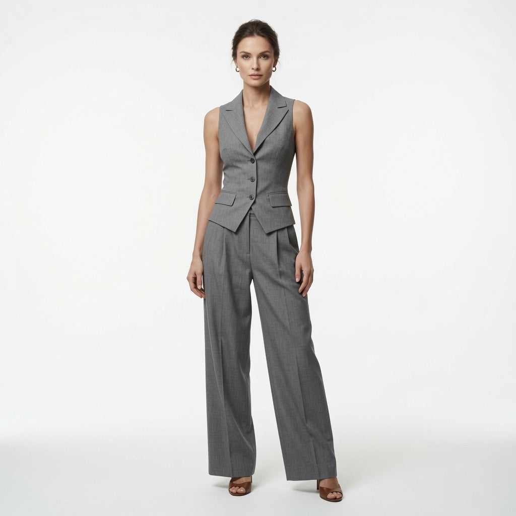 Conjunto Elegante Para Mujer Top Sin Mangas Y Pantalón Recto Casual Formal Moda Mujer 2 Tonos Mas