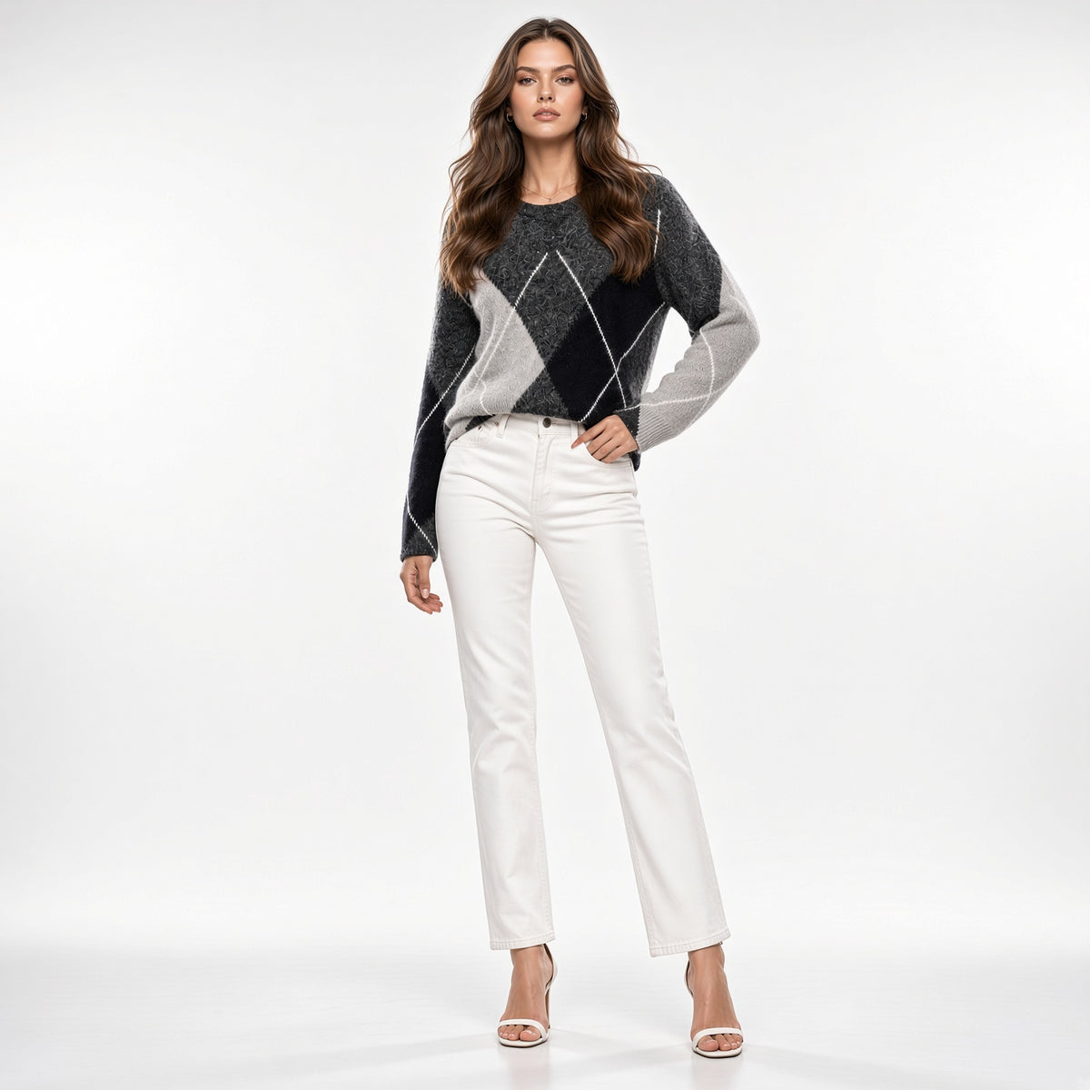 Elegante Sueter Manga Larga Cuello Redondo Retro Casual Jacquard Con Patrón Argly Moda Mujer En Tendencia