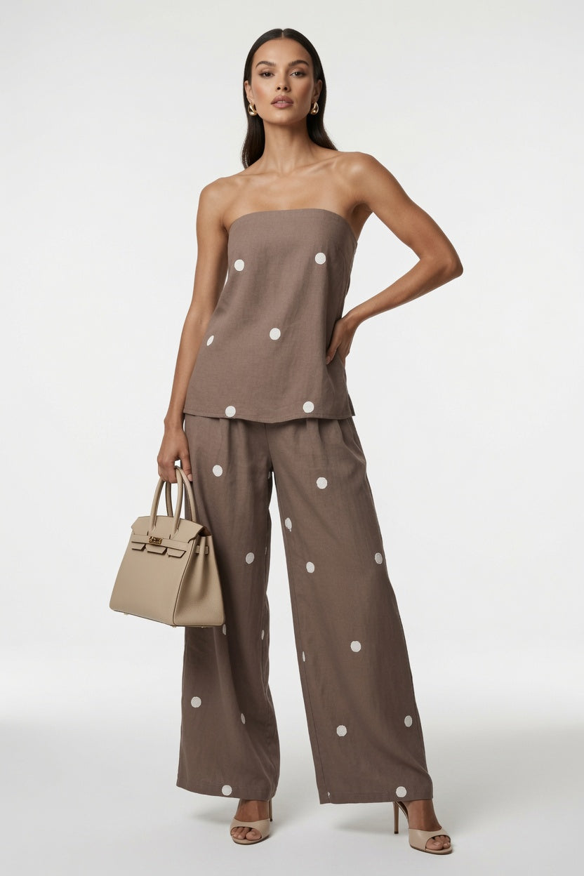 Conjunto Elegante Top Con Tirantes y Pantalón De Pierna Ancho Tipo Mediterráneo Moda Mujer En Tendencia