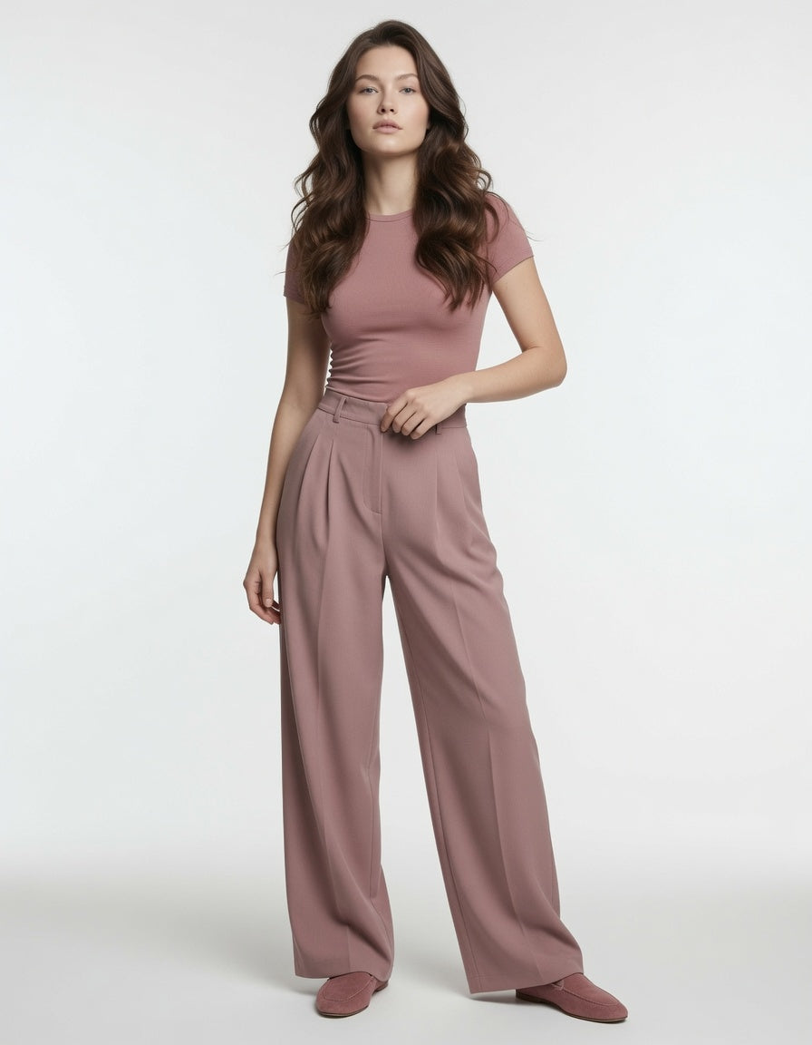 Elegante Pantalón De Pierna Ancha De Cintura Alta Corte Recto Fibra Poliéster Delgado Casual Moda Mujer En Tendencia