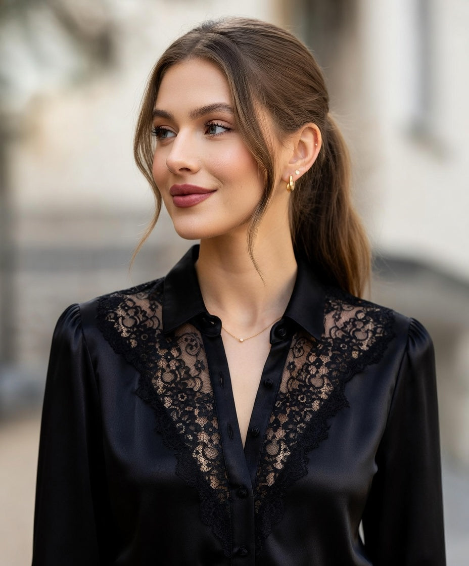 Blusa Elegante De Satén De Encaje Manga Larga Casual Formal Moda Mujer En Tendencia 1 Tono Mas