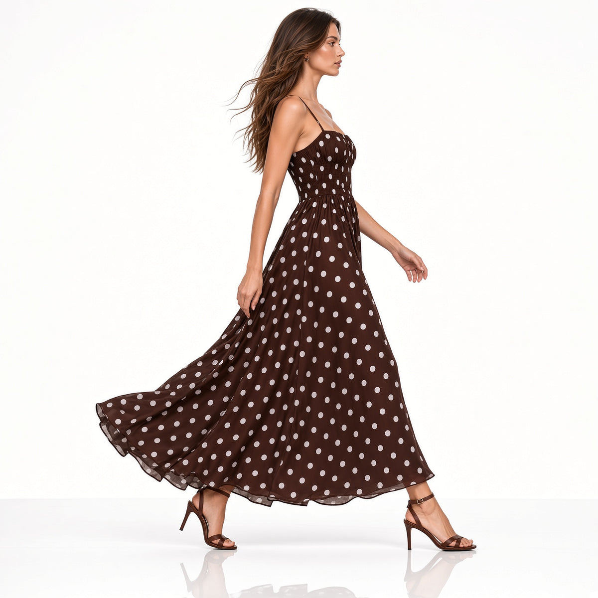 Elegante Vestido Largo Cintura Elástica Estampados Lunares Sin Mangas Moda Mujer En Tendencia