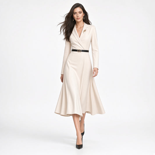 Elegante Vestido De Longitud Media Manga Larga Diseño Cintura Ajustada De Punto Casual Forma Moda Mujer En Tendencia