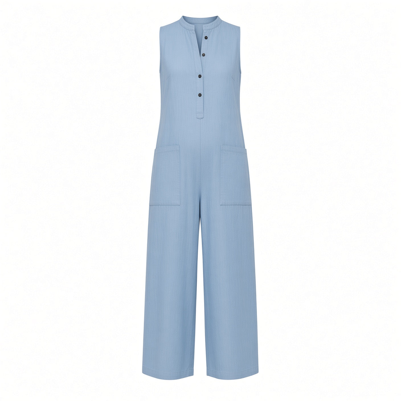 Elegante Mono Casual En Color Liso Holgado Pierna Ancha Sin Mangas Con Botones Fresco Moda Mujer En Tendencia