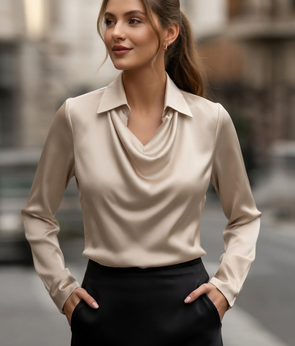 Blusa Elegante De Satén Con Cuello V Manga Larga Moda Mujer En Tendencia 2 Tonos Mas