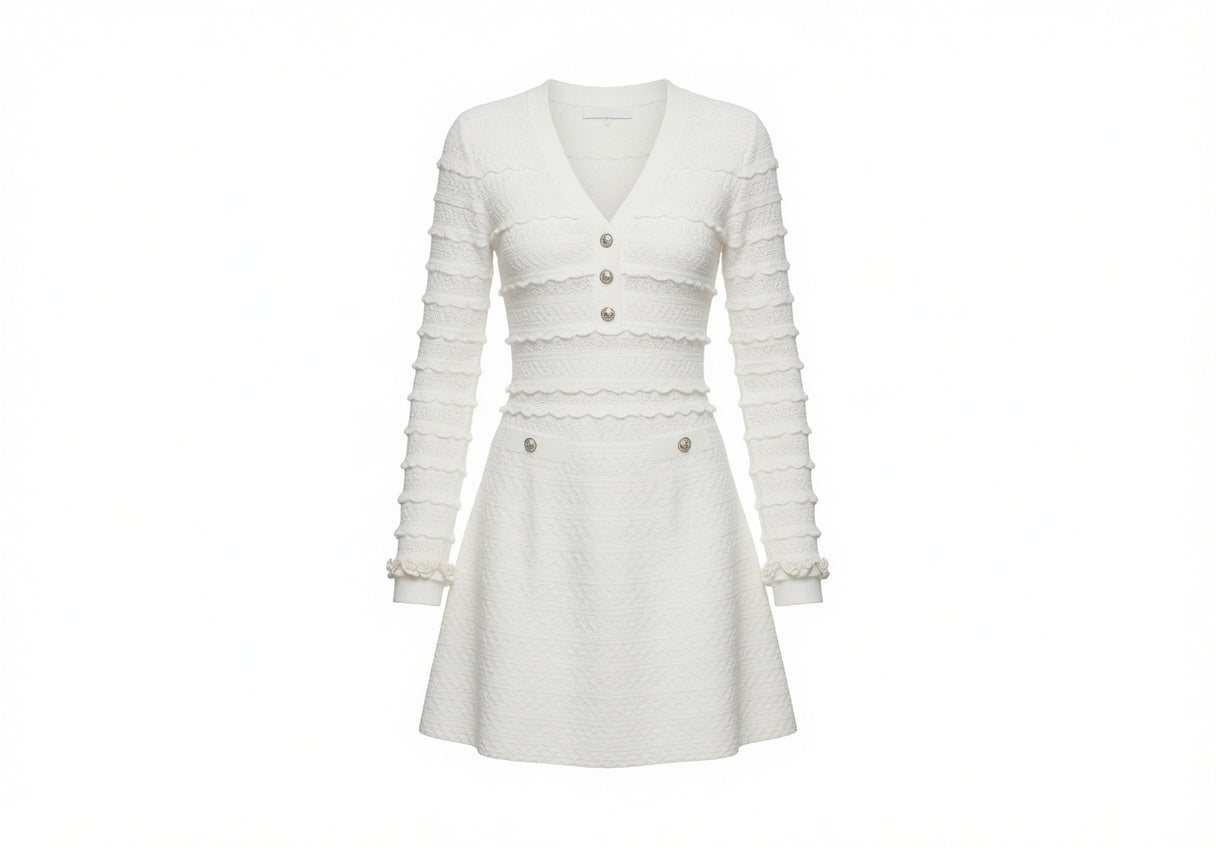 Vestido Elegante  De Punto En Cuello V Con Encaje En Manga Larga Moda Mujer En tendencia.