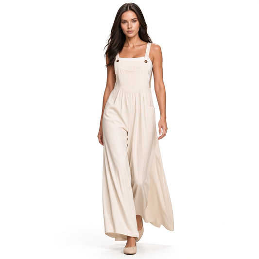 Mono Elegante Sin Mangas Tela Fresca Con Botones Pantalón Holgado Casual Moda Mujer En Tendencia