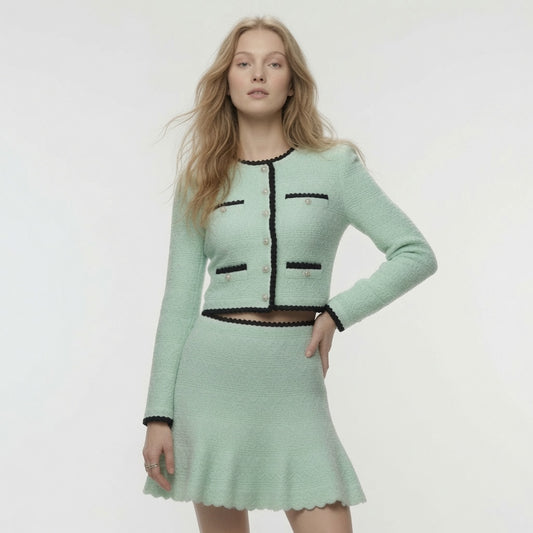 Conjunto Elegante De Top y falda Midi De Punto Abierto Con Bloques De Color Moda Mujer En Tendencia
