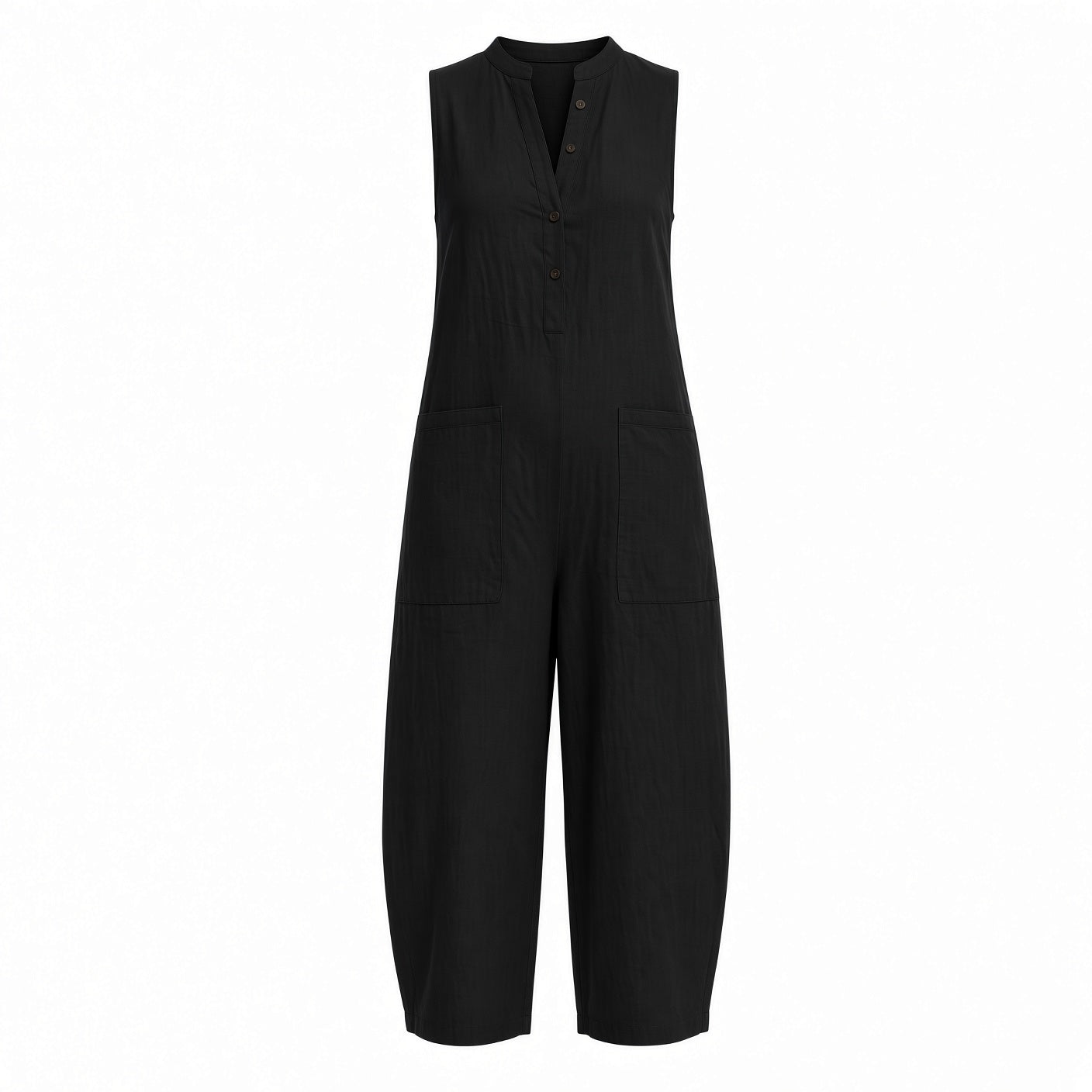 Elegante Mono Casual En Color Liso Holgado Pierna Ancha Sin Mangas Con Botones Fresco Moda Mujer En Tendencia