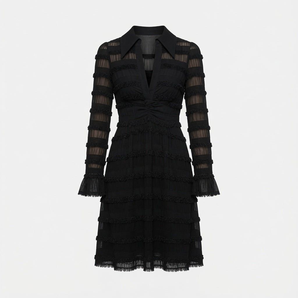 Vestido Midi Negro Con Flecos Transparente En Tendencia