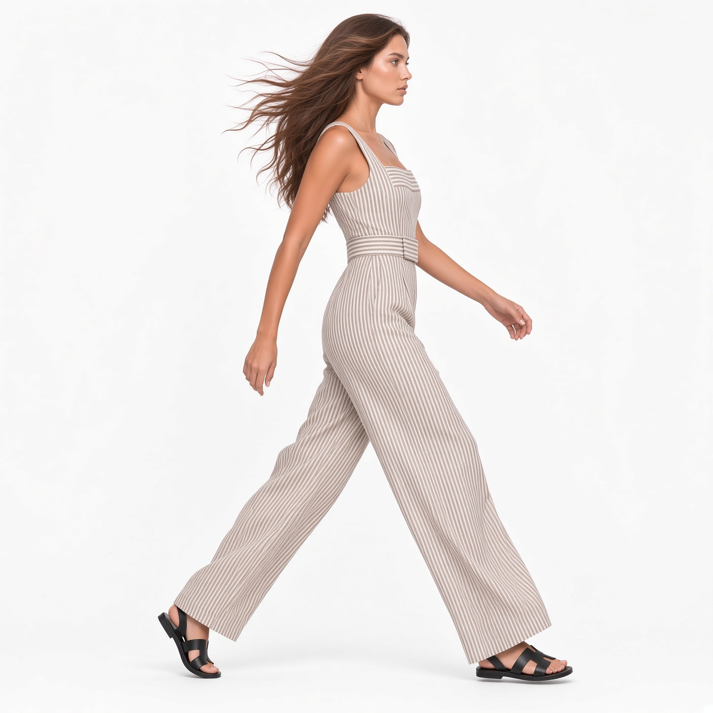 Mono Elegante Estampado De Rayas Sin Mangas Holgado Pierna Ancha Casual Moda Mujer En Tendencia