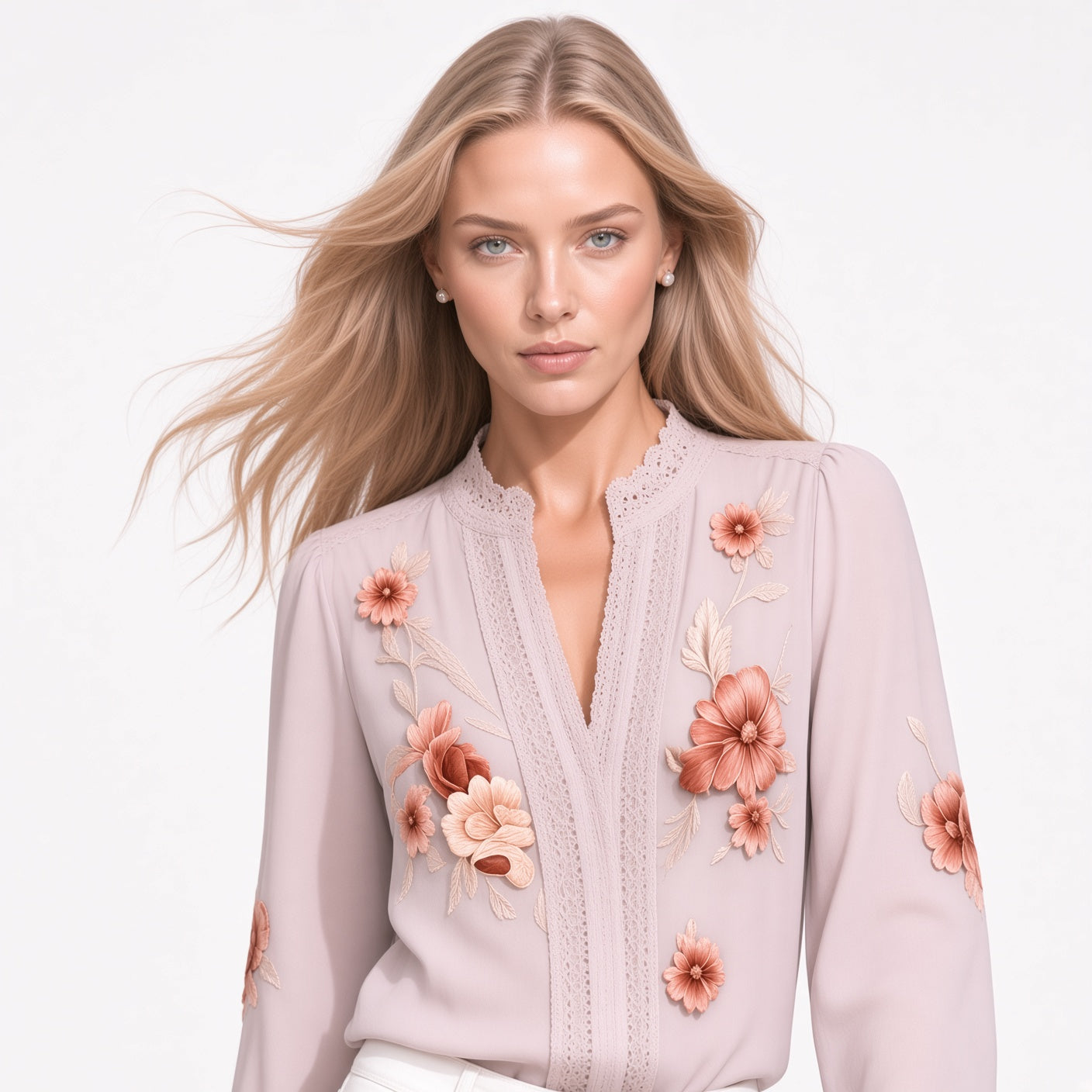 Elegante Blusa Casual Manga Larga Cuello V Estampado Floral Moda Mujer En Tendencia