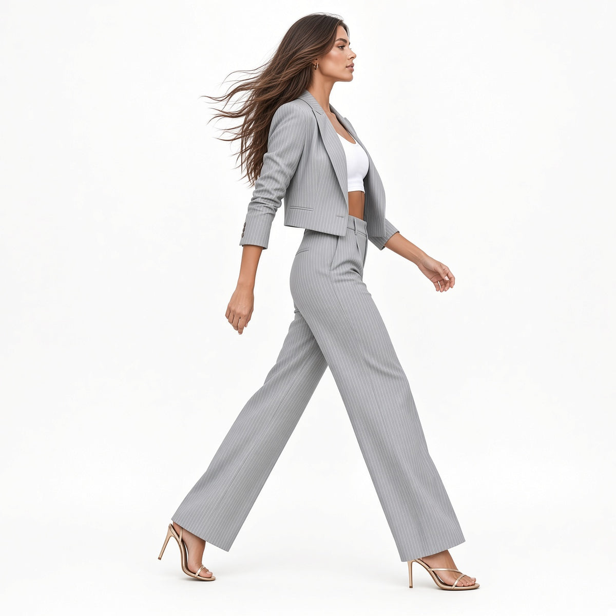 Conjunto De Traje Elegante 2 Piezas Chaqueta Corta Y Pantalón De Pierna Ancha Cintura Alta Elástica Casual Formal Moda Mujer En Tendencia