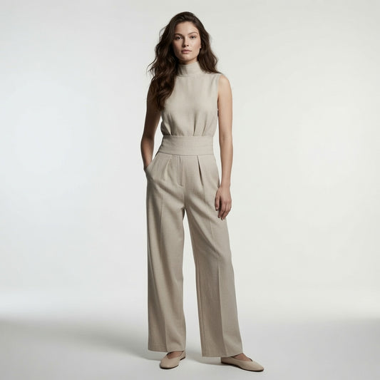 Conjunto de Blusa sin Mangas y Pantalón de Pierna Ancha de Algodón y Lino para Mujer - Estilo Minimalista