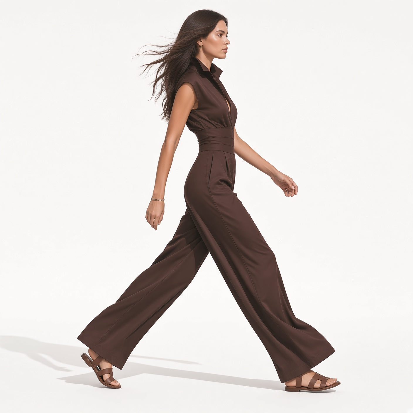 Mono Elegante Casual Cintura Media Pantalón Holgado Pierna Ancha Tela Poliéster Moda Mujer En Tendencia
