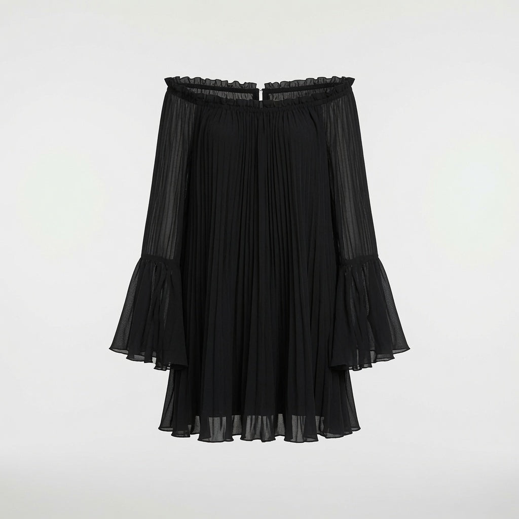 Vestido Elegante De Malla Corto Plisada Con Hombros Descubiertos Con Volantes Casual Moda Mujer En Tendencia