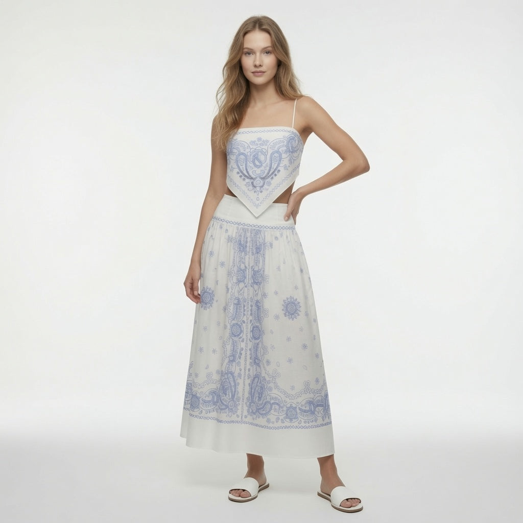 Conjunto Elegante Top Halter y Falda Larga Con Estampado De Algodón y Lino, Estilo Etnico, Moda Mujer En Tendencia.
